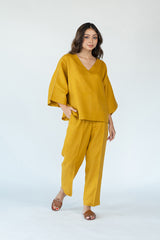 Linen Short Kaftan With Embroidered Details - Mustard Yellow
