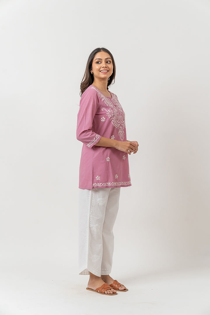 Cotton Chikankari Straight Kurti - Pink