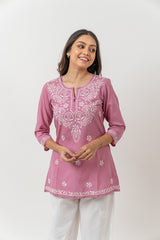 Cotton Chikankari Straight Kurti - Pink