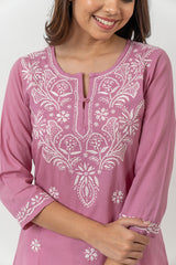 Cotton Chikankari Straight Kurti - Pink