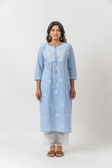 Cotton Chikankari A Line Kurta - Slate Blue