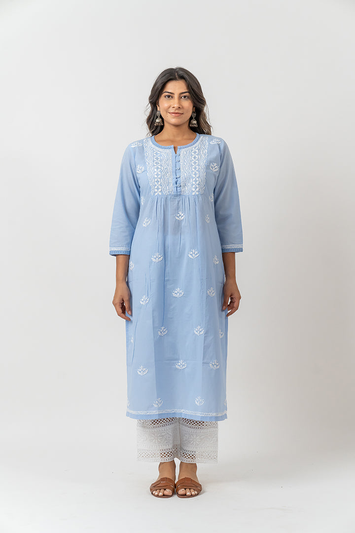 Cotton Chikankari A Line Kurta - Slate Blue