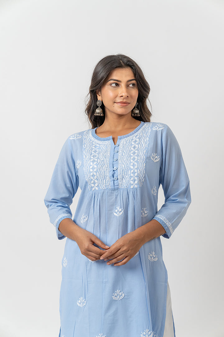 Cotton Chikankari A Line Kurta - Slate Blue