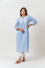 Cotton Chikankari A Line Kurta - Slate Blue