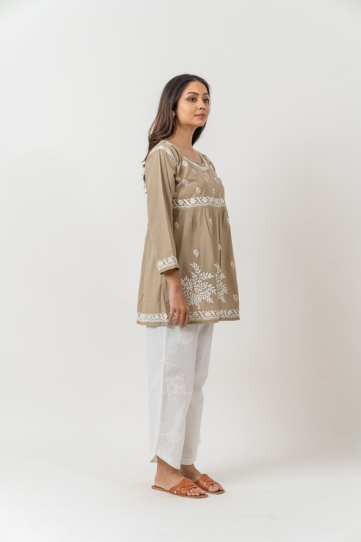 Cotton Chikankari Round Neck Kurti- Beige