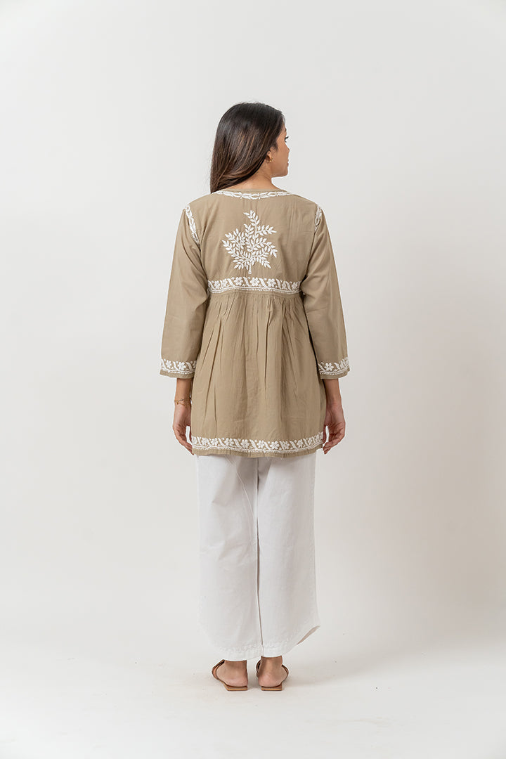 Cotton Chikankari Round Neck Kurti- Beige