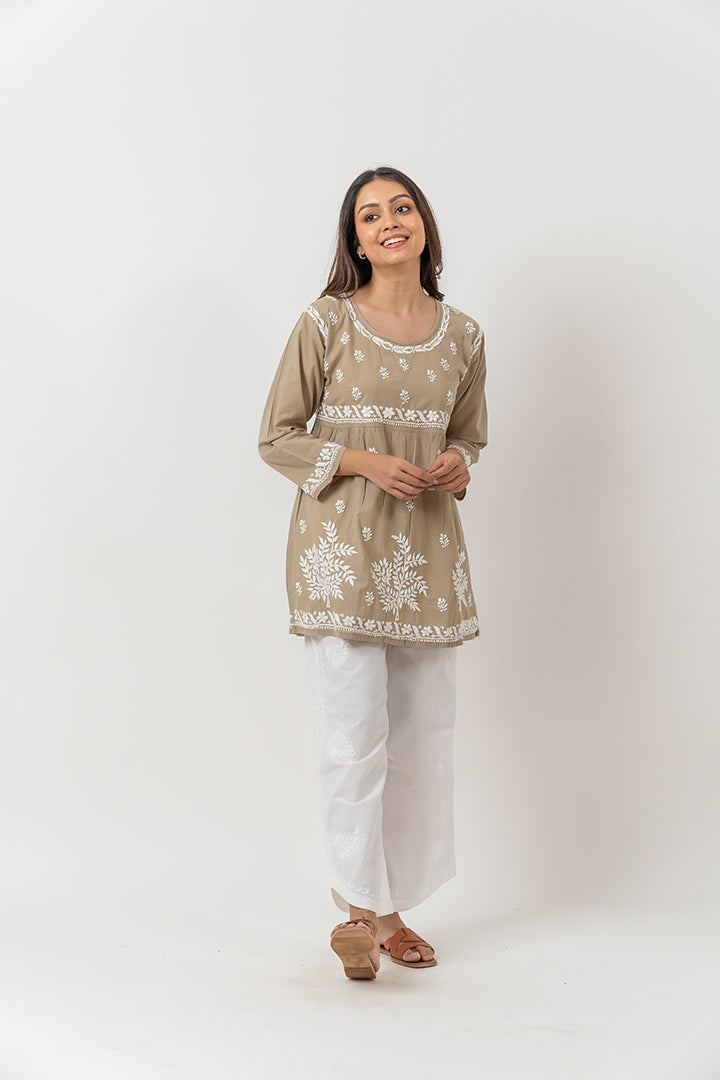 Cotton Chikankari Round Neck Kurti- Beige