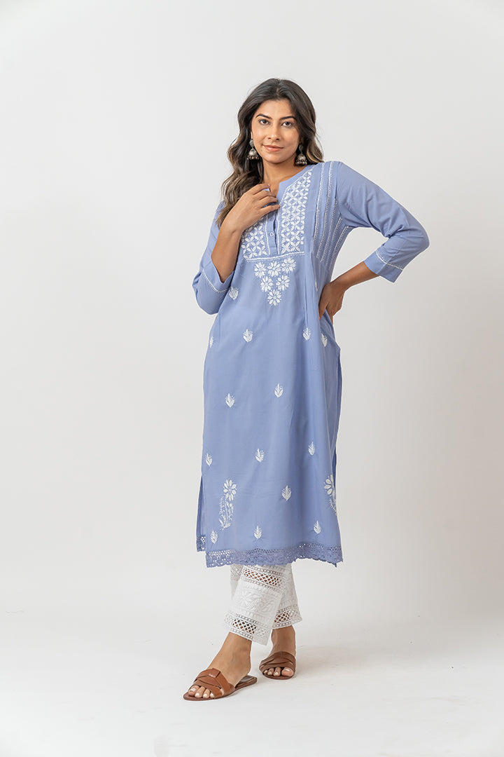 Cotton Chikankari A Line Kurta - Purple