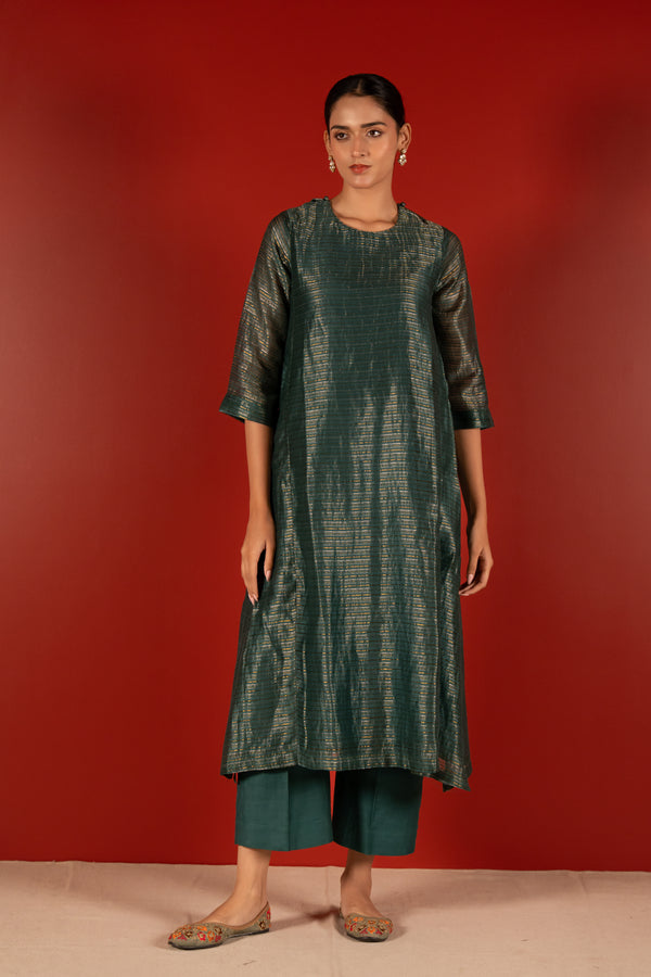 Silver Zari Chanderi Kurta - Green