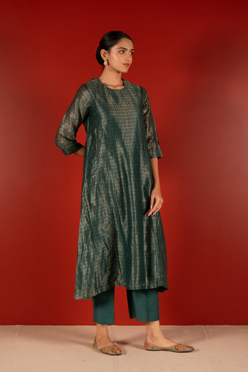 Silver Zari Chanderi Kurta - Green