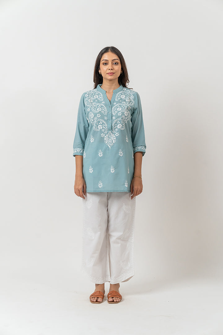 Cotton Chikankari A Line Kurti- Turquoise