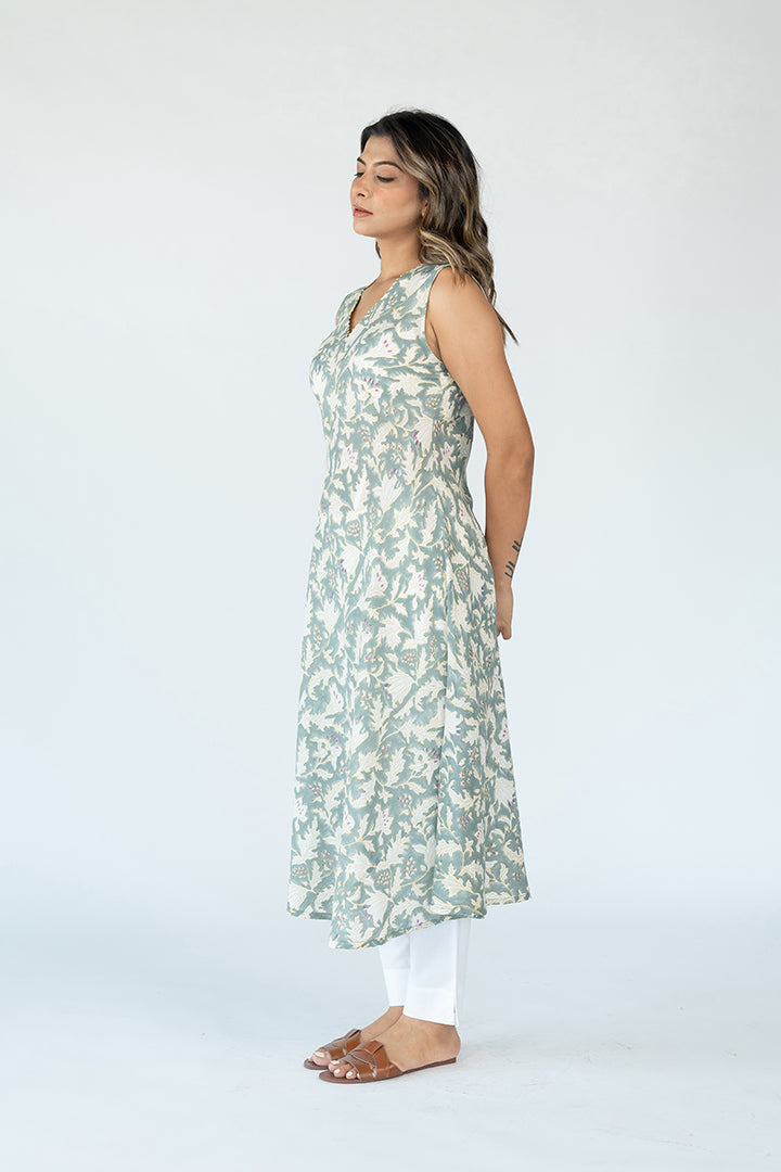 Cotton Hand Block Printed Dress- Olive Green