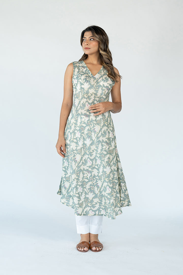 Cotton Hand Block Printed Dress- Olive Green