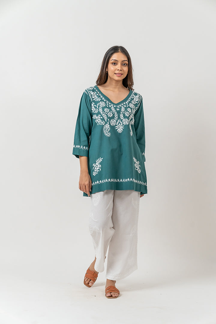 Cotton Chikankari A Line Kurti - Jade Green