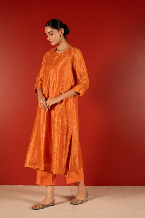 Silver Zari Chanderi Kurta - Orange