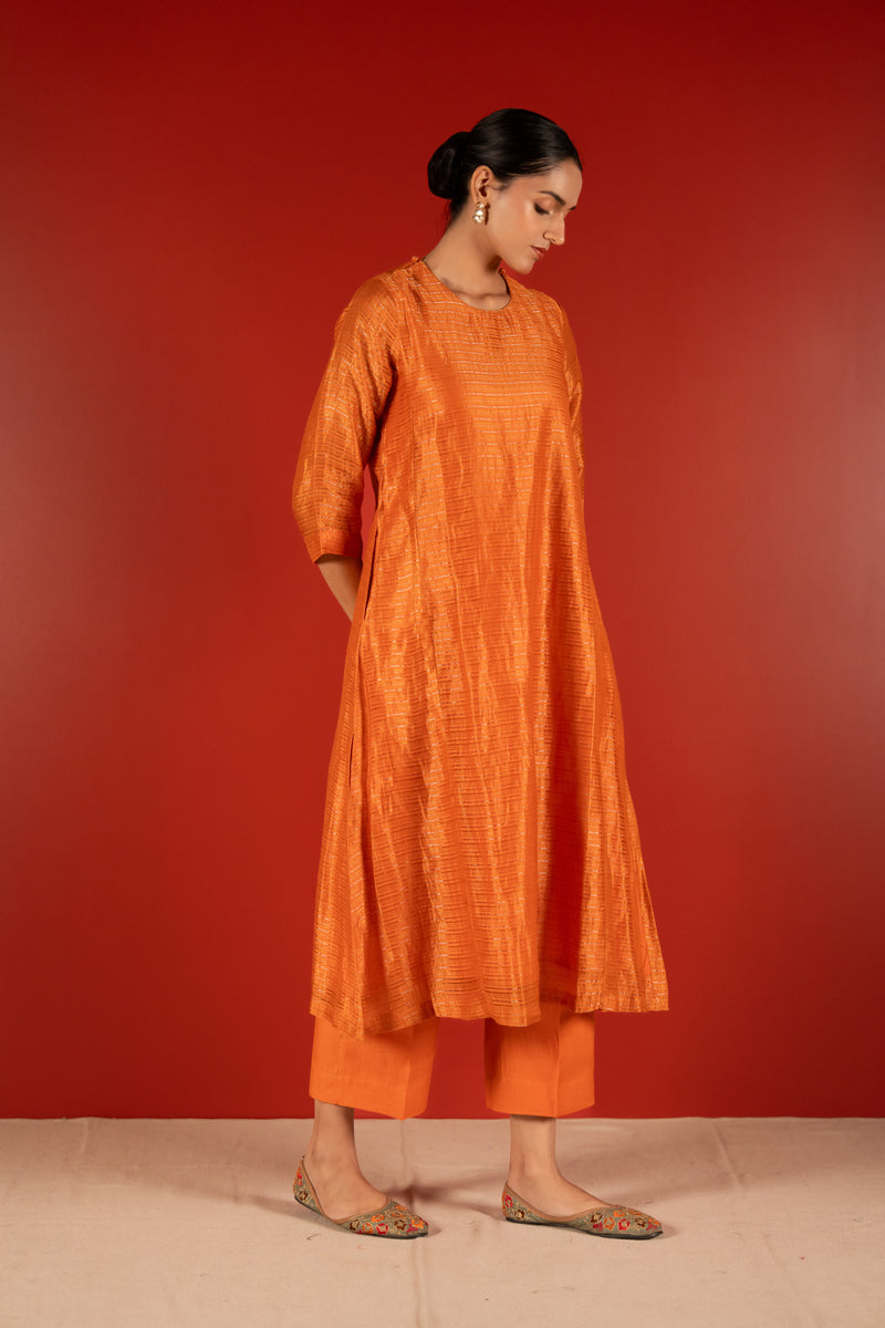 Silver Zari Chanderi Kurta - Orange