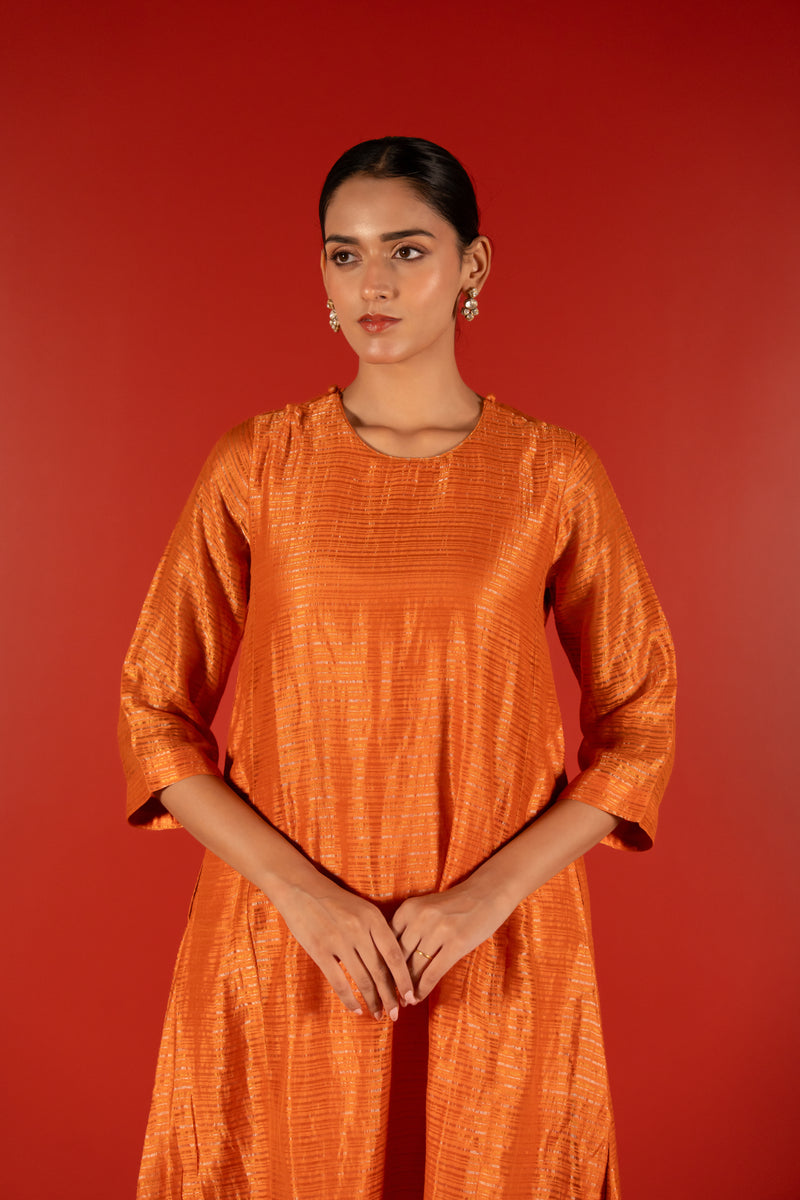 Silver Zari Chanderi Kurta - Orange