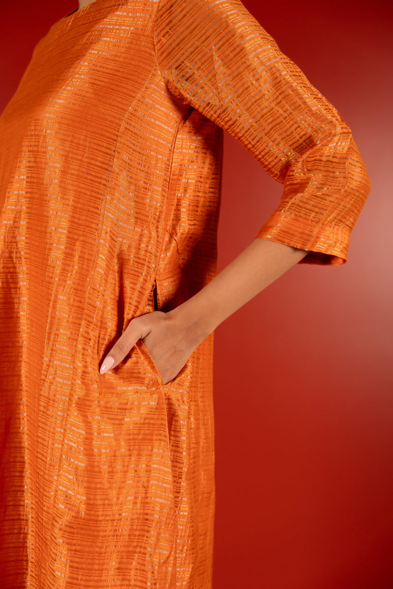 Silver Zari Chanderi Kurta - Orange