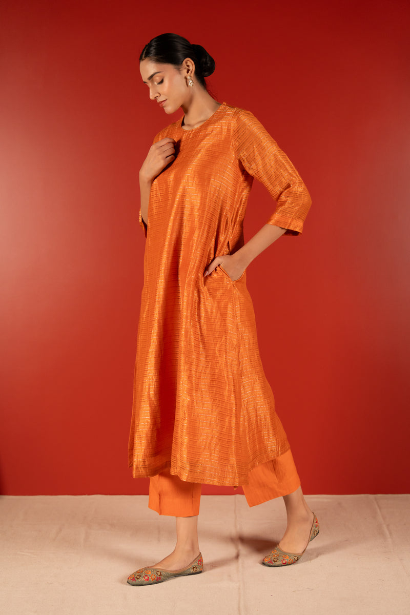 Silver Zari Chanderi Kurta - Orange