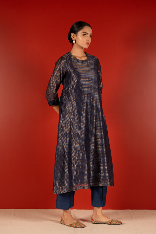 Silver Zari Chanderi Kurta - Blue