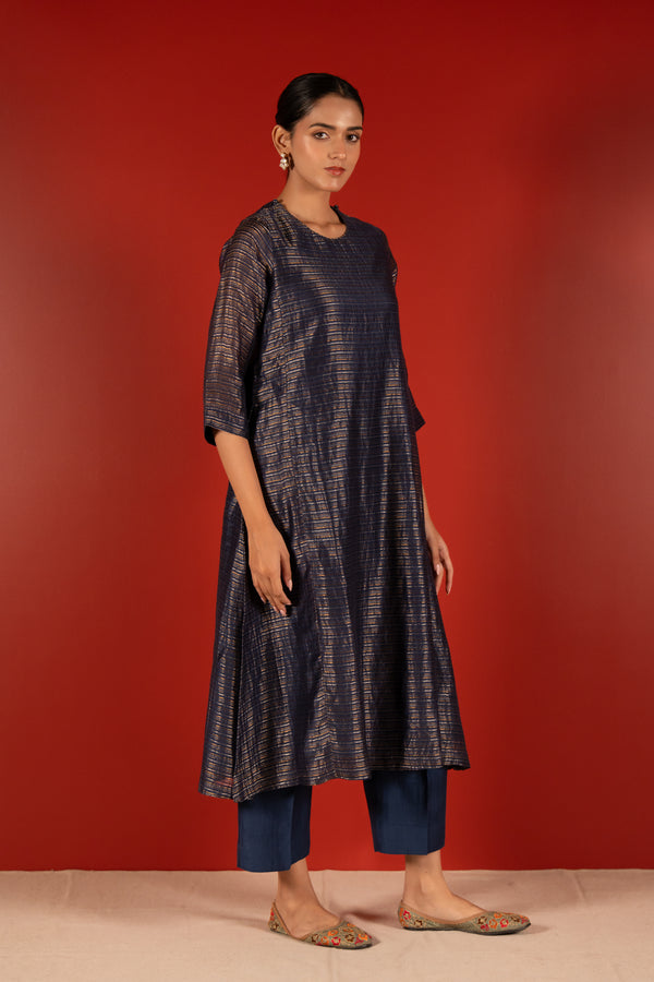 Silver Zari Chanderi Kurta - Blue