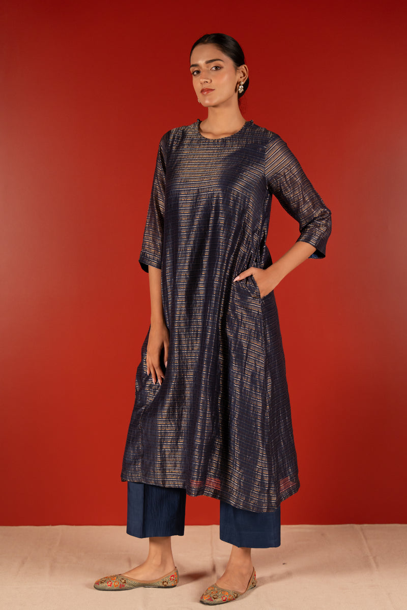 Silver Zari Chanderi Kurta - Blue