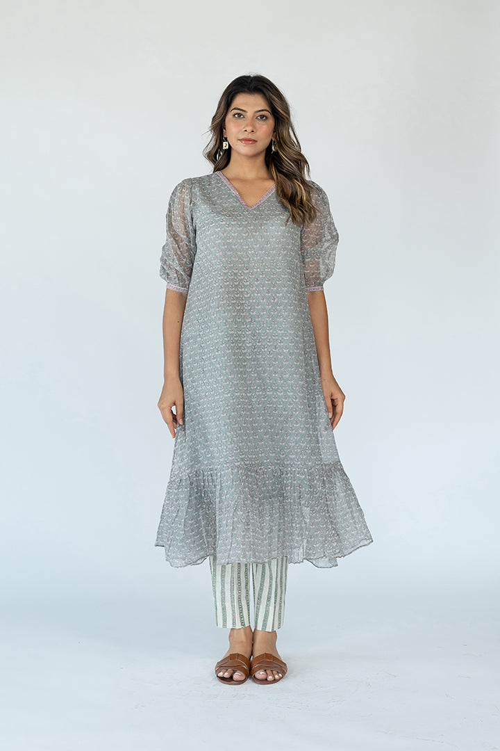 Hand Block Printed Cotton Kota Dress- Grey