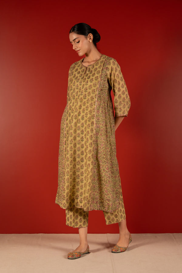 Chanderi Hand Block Printed Embroidered Kurta - Green