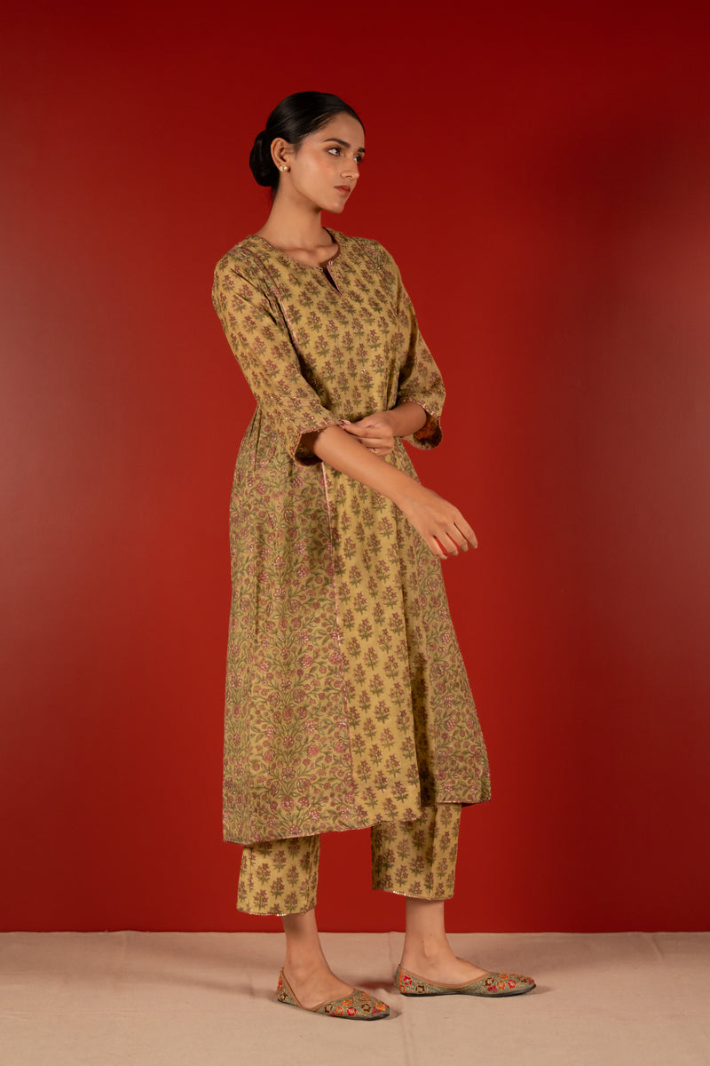 Chanderi Hand Block Printed Embroidered Kurta - Green