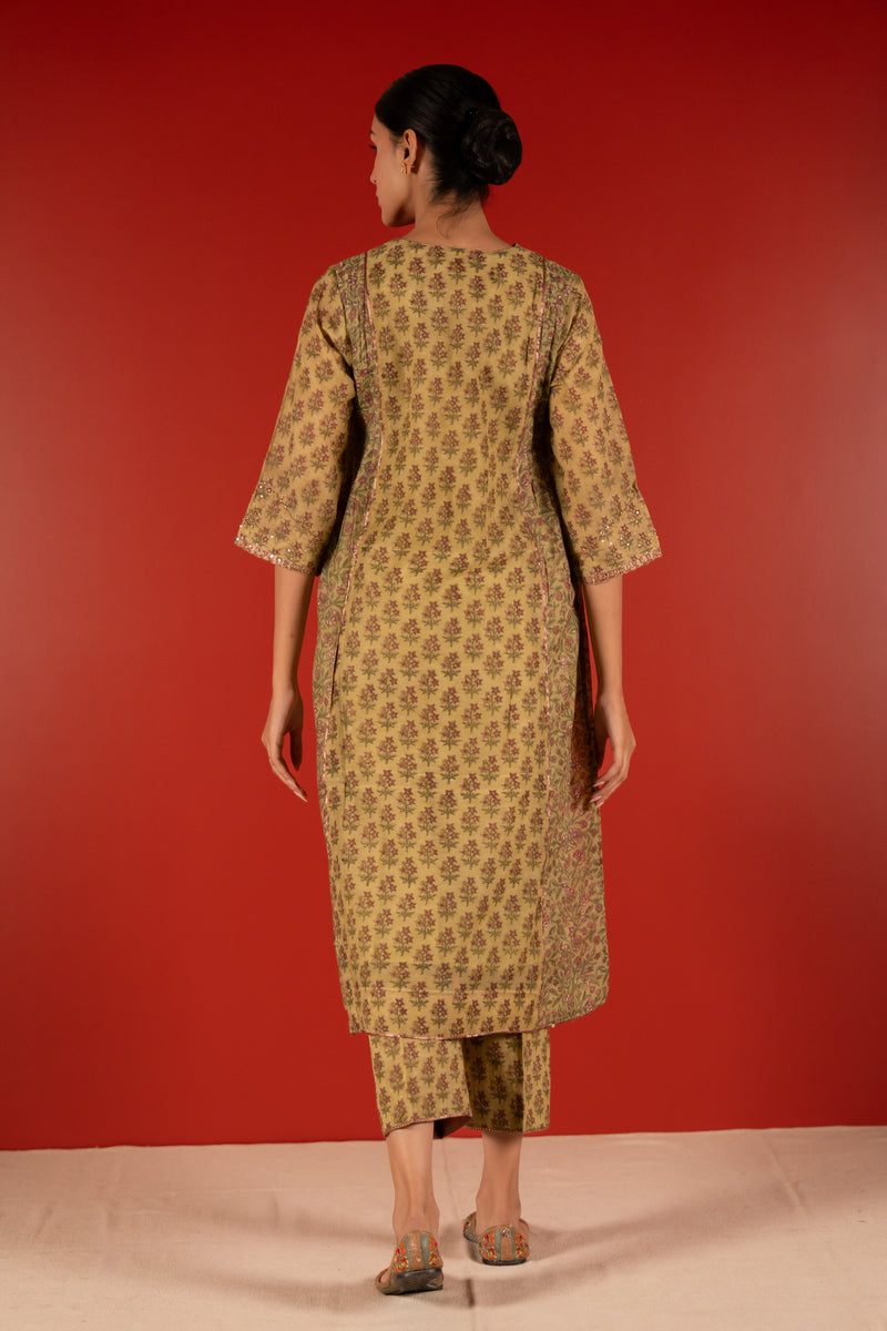 Chanderi Hand Block Printed Embroidered Kurta - Green