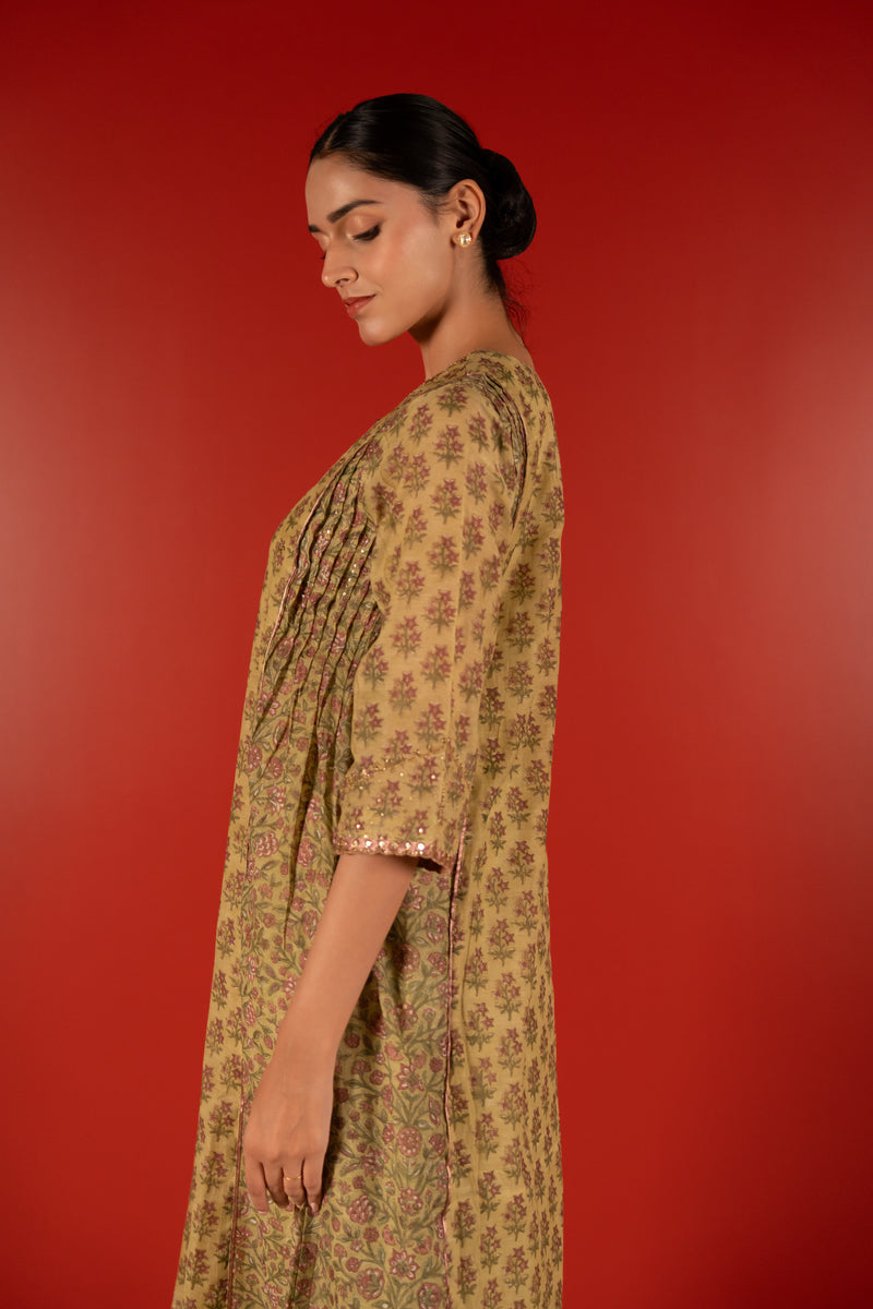 Chanderi Hand Block Printed Embroidered Kurta - Green