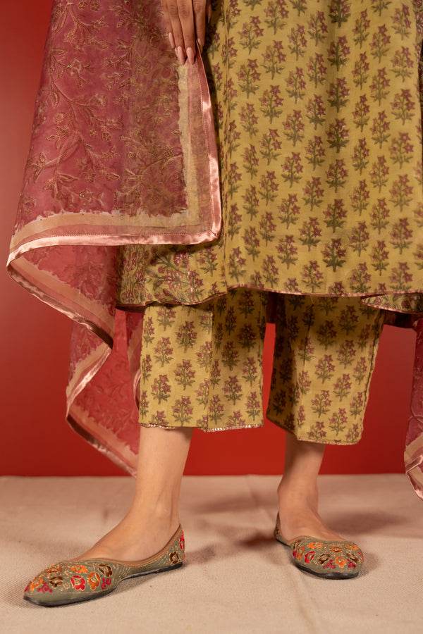 Chanderi Hand Block Printed Parallel - Green