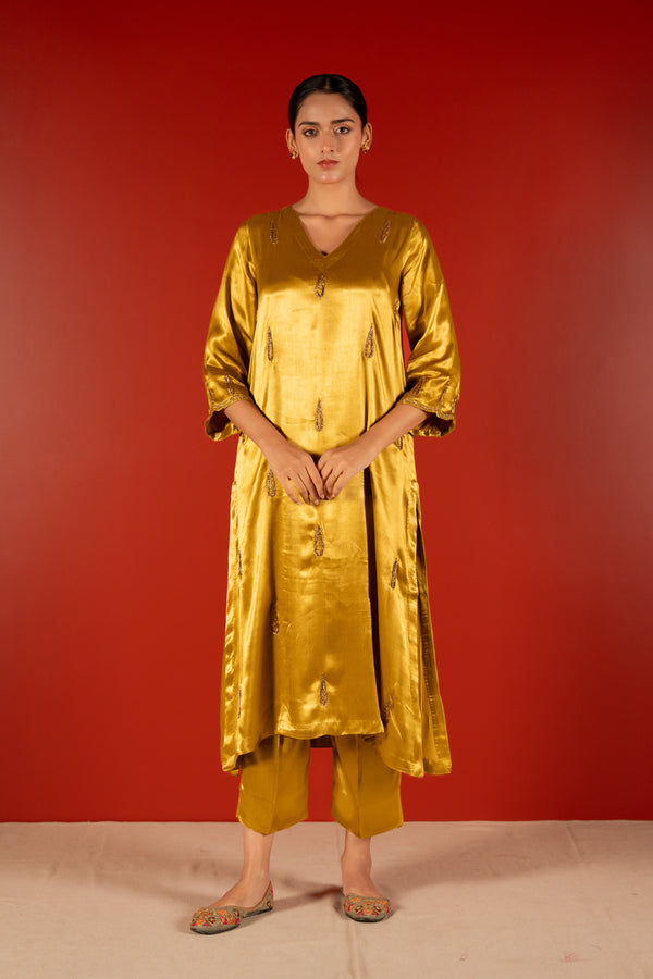Mashru Hand Work Kurta - Yellow