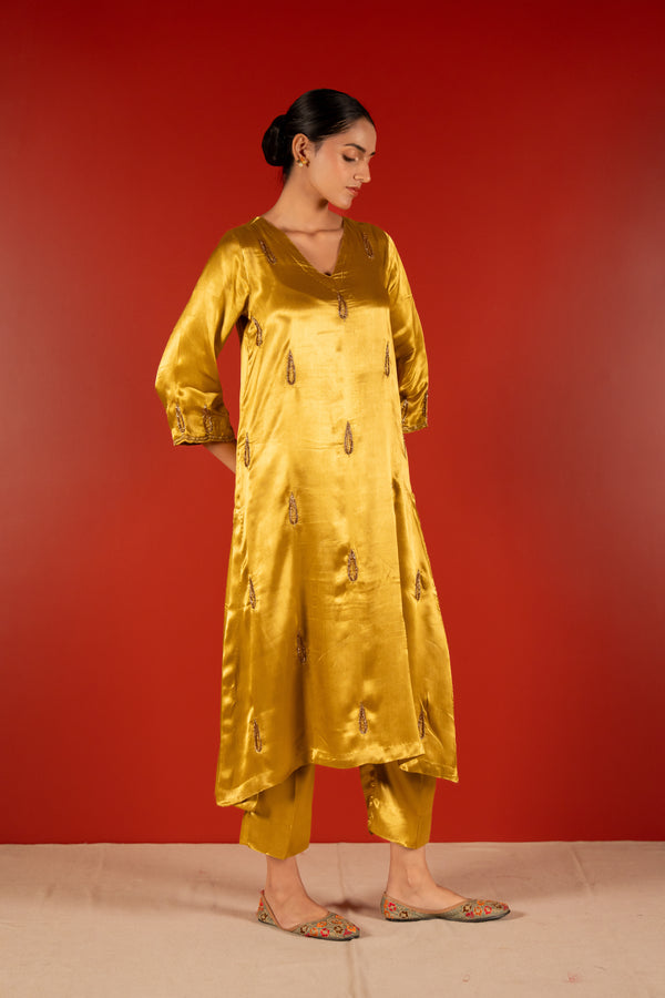 Mashru Hand Work Kurta - Yellow
