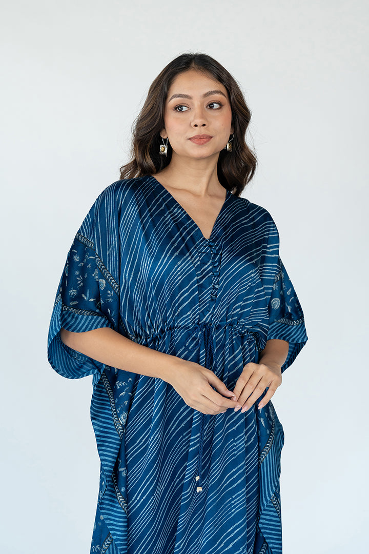 Ajrakh Modal V Neck Long Kaftan With Adjustable String - Indigo