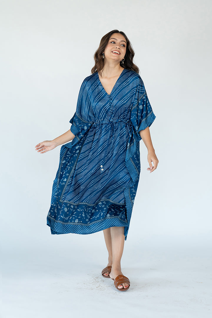 Ajrakh Modal V Neck Long Kaftan With Adjustable String - Indigo