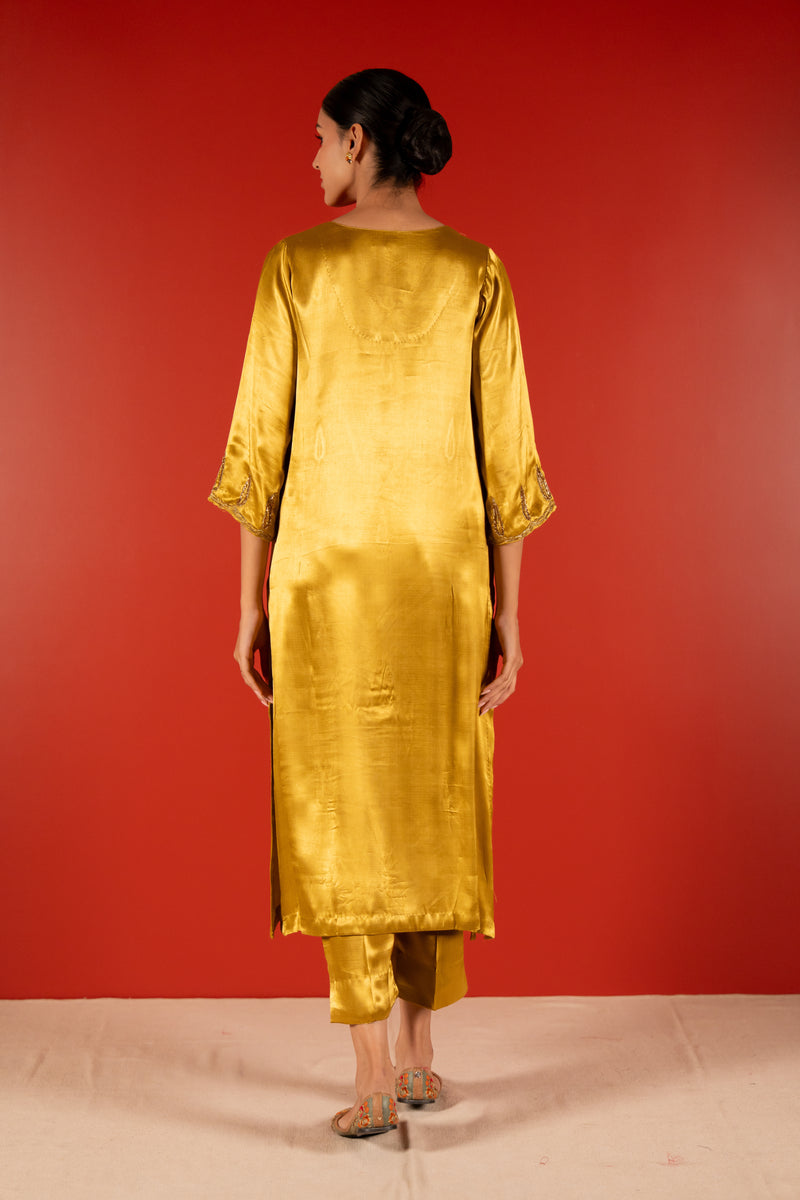 Mashru Hand Work Kurta - Yellow