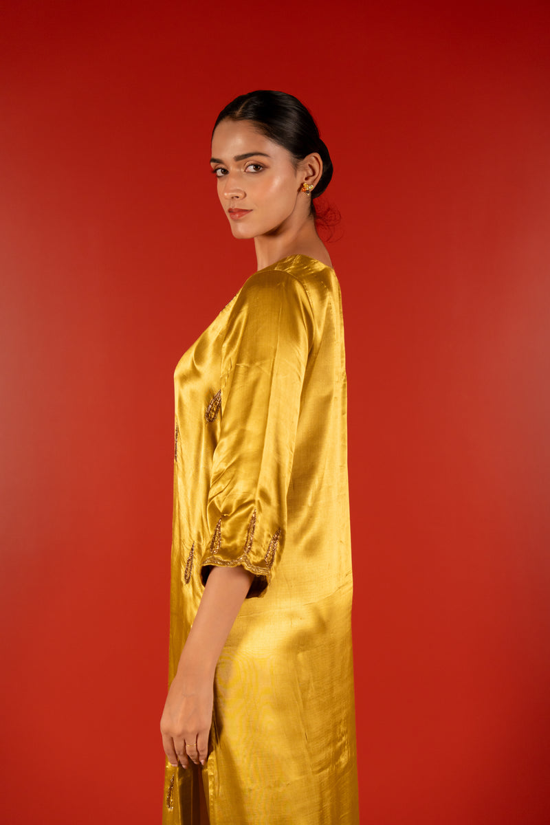 Mashru Hand Work Kurta - Yellow