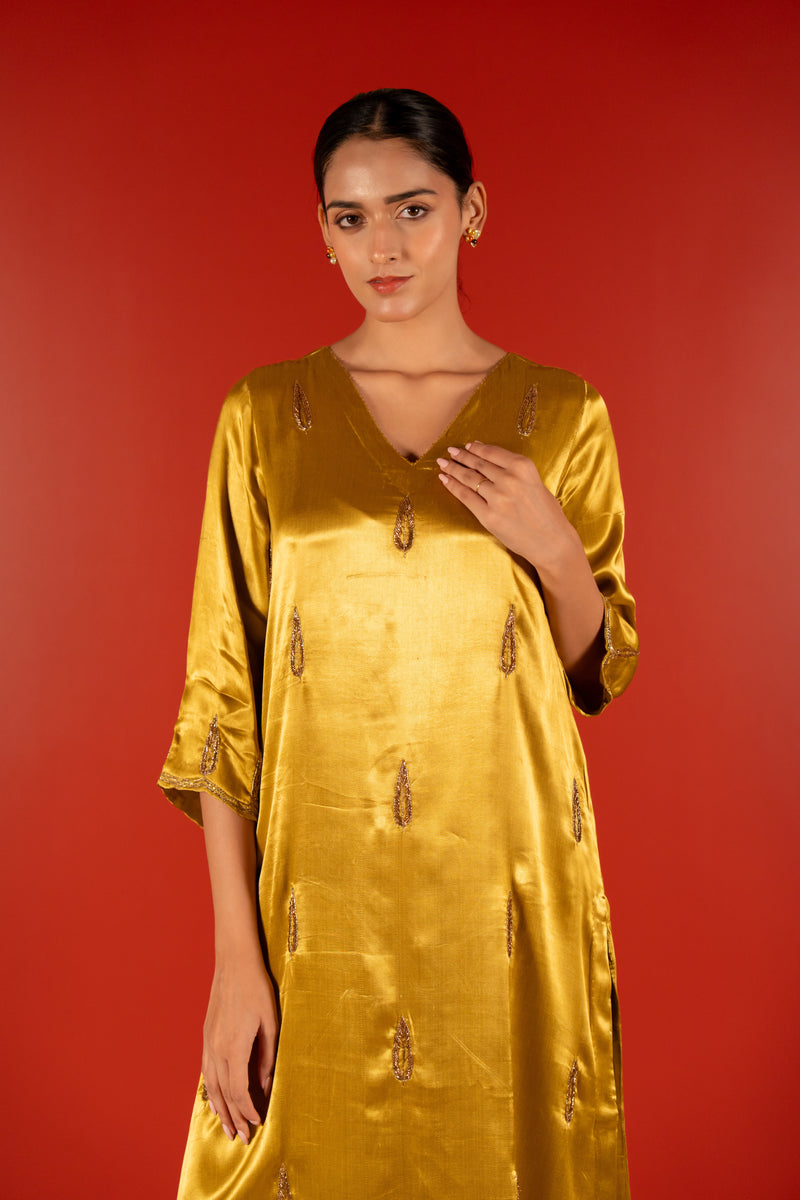 Mashru Hand Work Kurta - Yellow