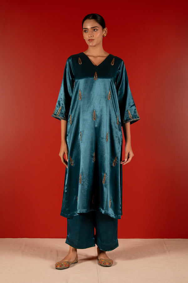 Mashru Hand Work Kurta - Blue