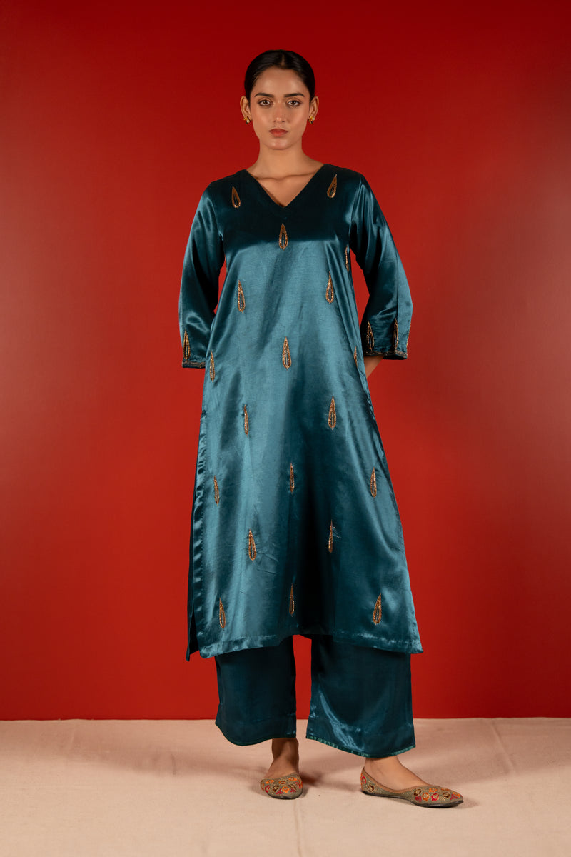 Mashru Hand Work Kurta - Blue