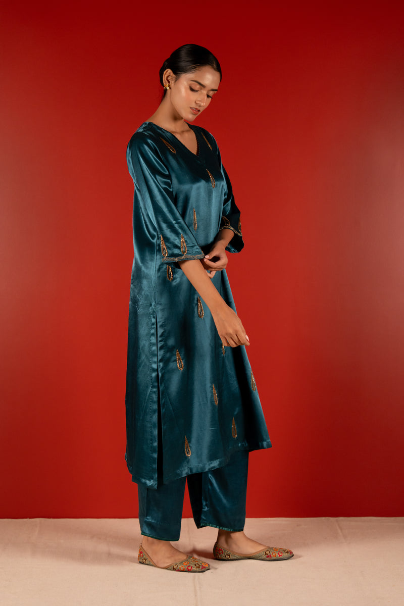 Mashru Hand Work Kurta - Blue