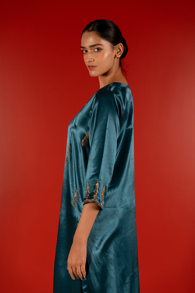 Mashru Hand Work Kurta - Blue