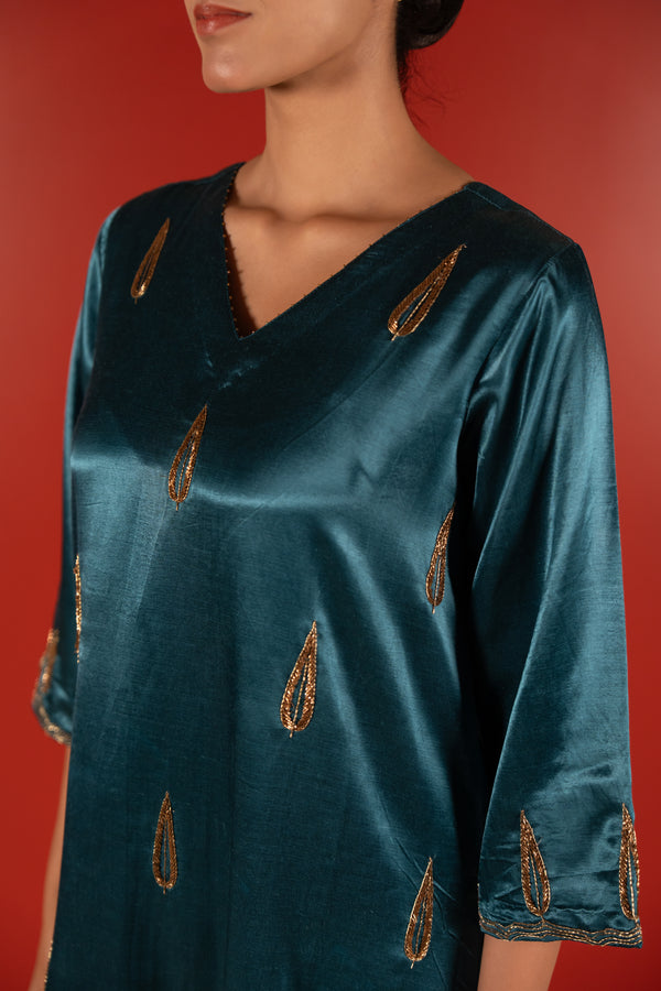 Mashru Hand Work Kurta - Blue