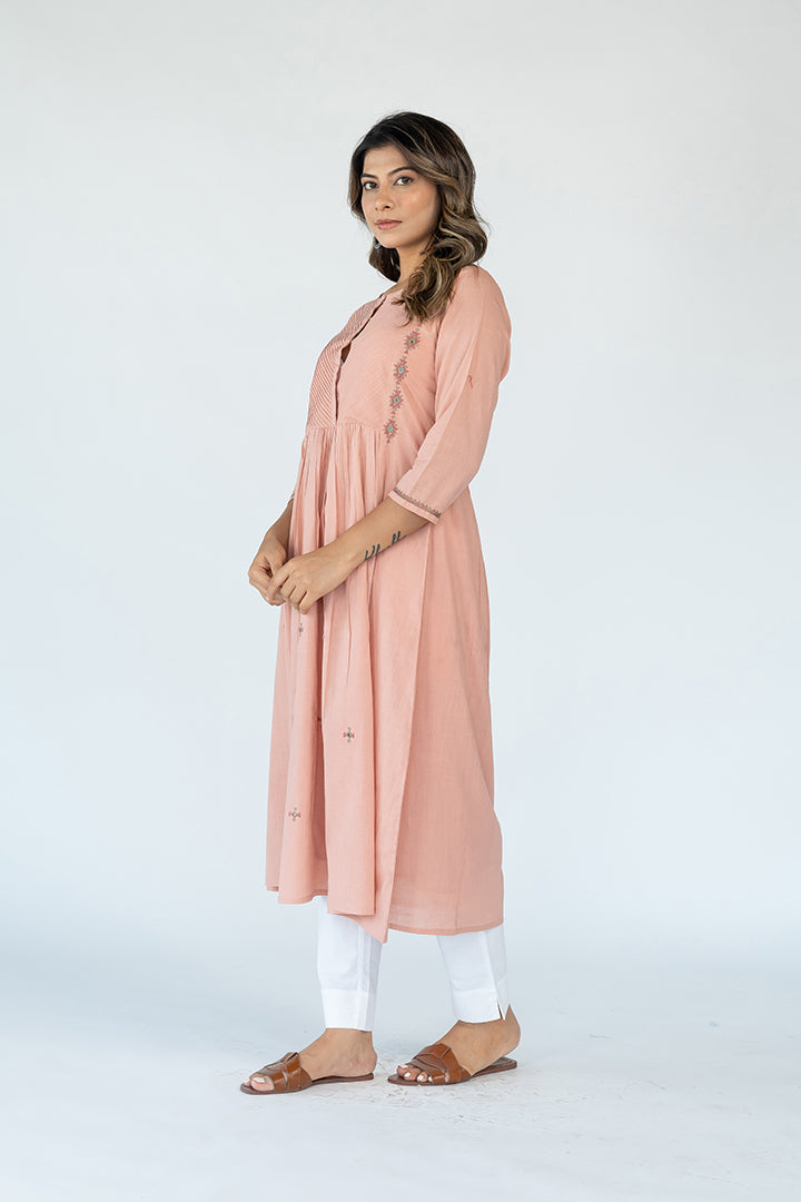 Cotton Hand Embroidered Kurta - Peach