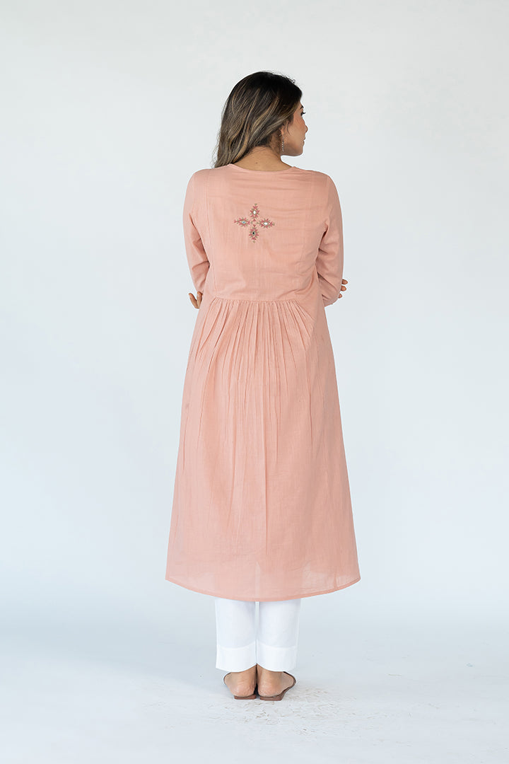 Cotton Hand Embroidered Kurta - Peach