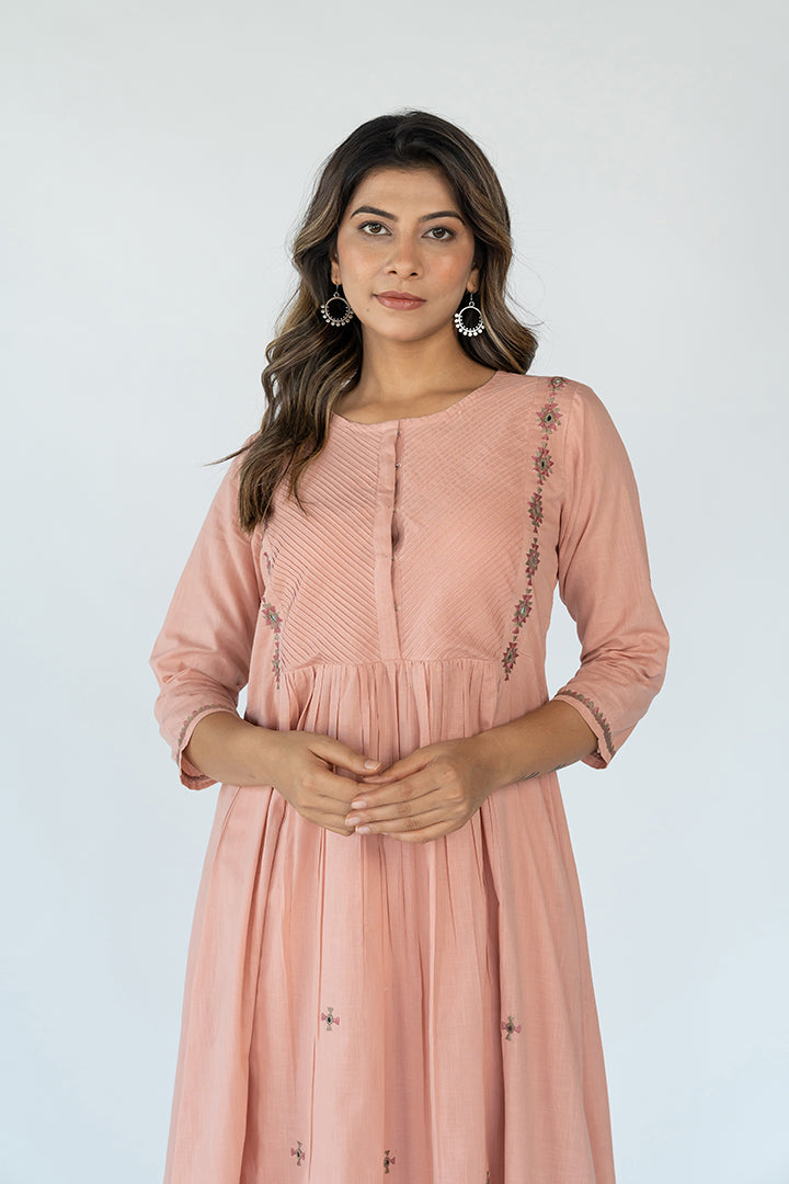 Cotton Hand Embroidered Kurta - Peach