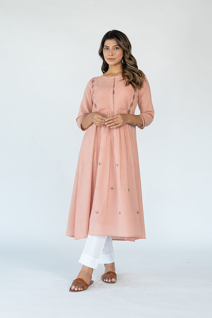 Cotton Hand Embroidered Kurta - Peach