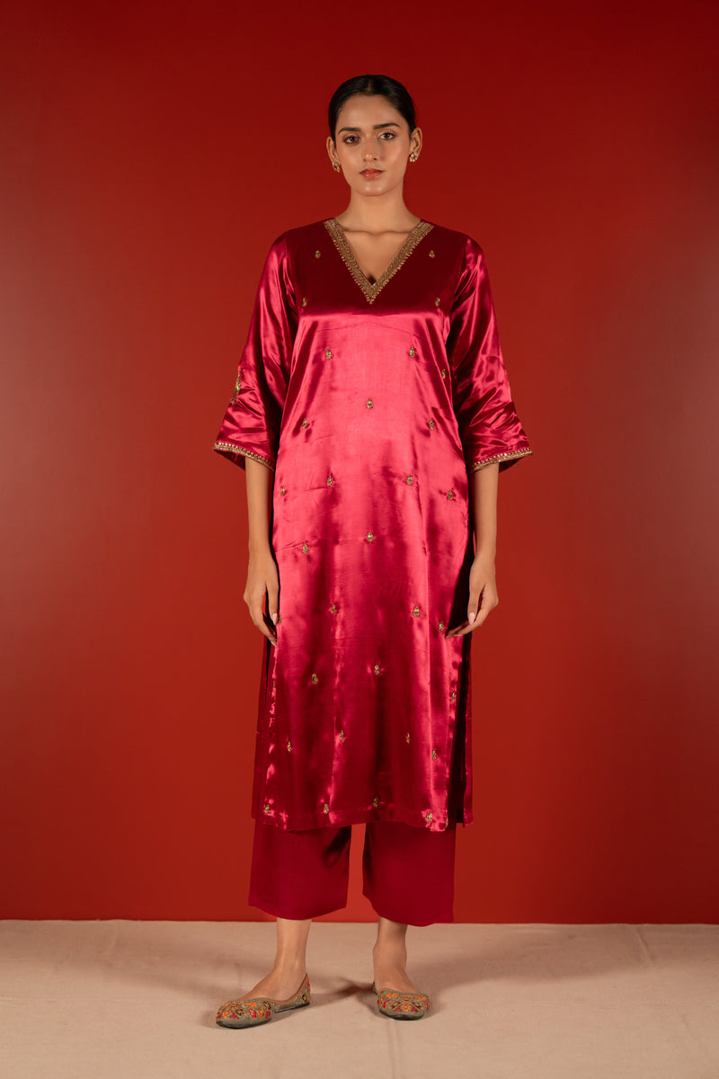 Mashru Hand Work Kurta - Pink