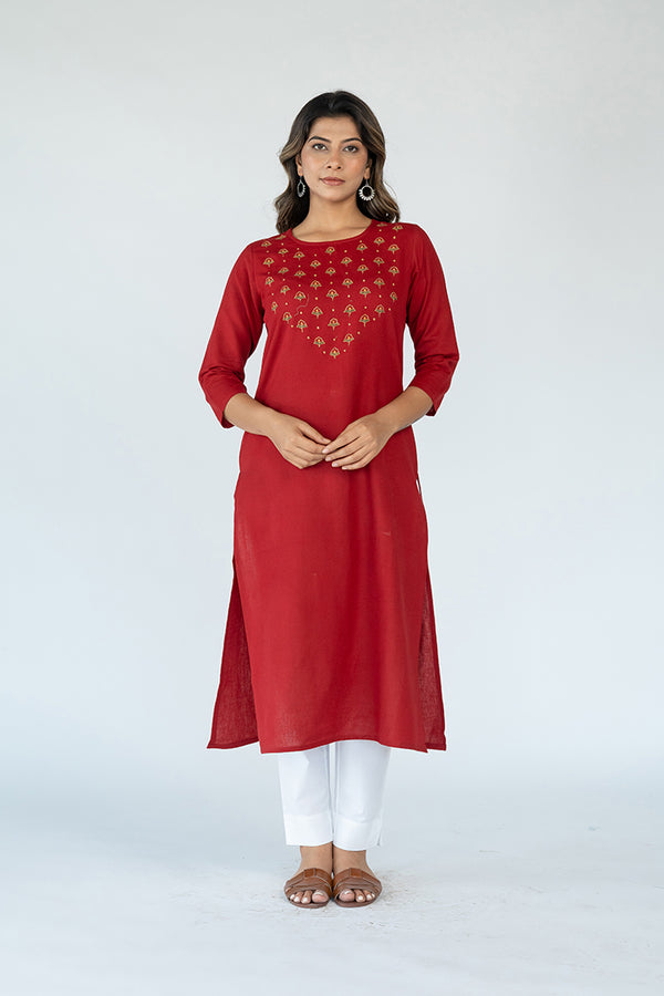 Cotton Hand Embroidered kurta - Red
